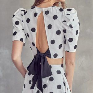 IDEM DITTO Linen Blend Polka Dot Open Back Puff Sleeve Top